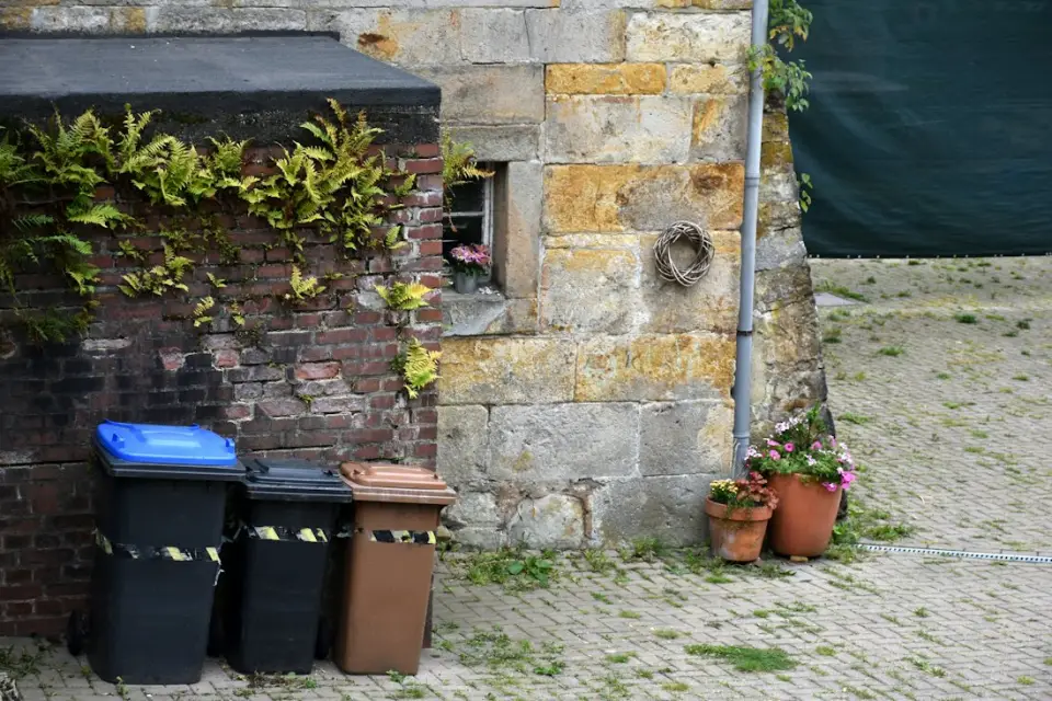 Bacs à déchets alignés contre un mur